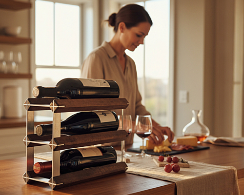 A woman prepares food in a kitchen with wine bottles and glasses on a wooden counter, beautifully complemented by stylish wine racks for the home